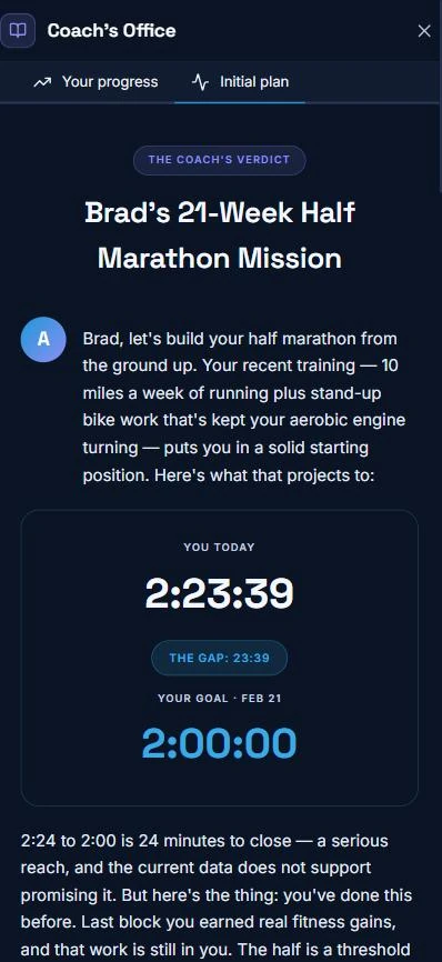 The Coach's Verdict in RunEQ: Aiden explains the runner's starting point of 2:23:39 against a 2:00:00 goal.