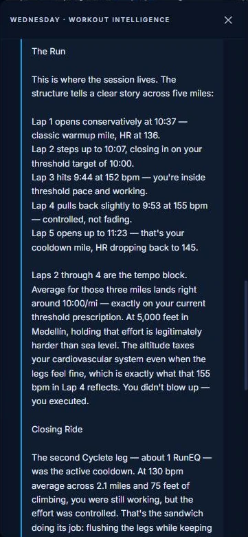 Coach Aiden's session read: lap-by-lap analysis of a tempo run, noting that holding threshold pace at 5,000 feet in Medellín is harder than at sea level.
