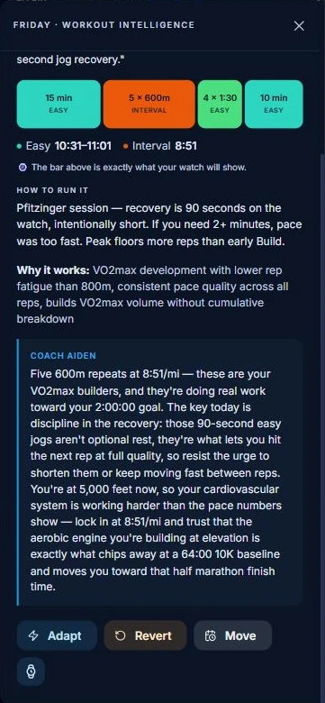 Coach Aiden's pre-workout read for 600m repeats, explaining the recovery discipline and adjusting expectations for running at 5,000 feet.