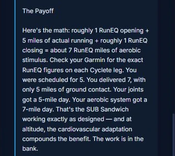 The payoff: a tempo run wrapped in two bike legs delivered about 7 RunEQ miles of aerobic work with only 5 miles of ground contact.