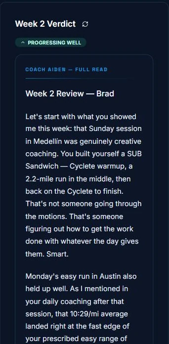 Week 2 Verdict: Progressing well. Coach Aiden's full weekly review.